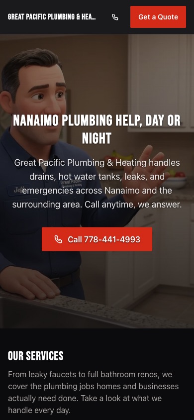 The Great Pacific Plumbing sample site on a phone: a Nanaimo plumber home page with a headline and a call button.